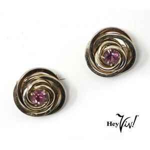 Vintage 2 Matching Coro Signed Pins 1" Swirl Design w Purple Rhinestone -Hey Viv